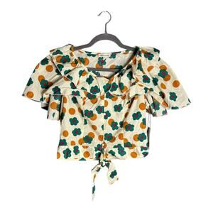 Saint Geraldine Tan and Green Floral Print Fabric Button Front Ruffle Detail Sm